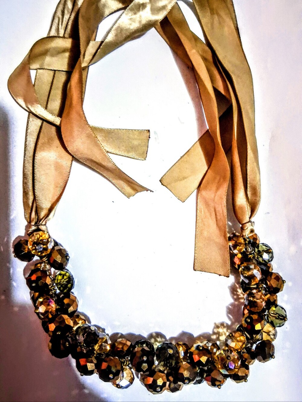 Vintage Crystal Cluster Statement Bib Necklace Champagne Satin Ribbon Tie
